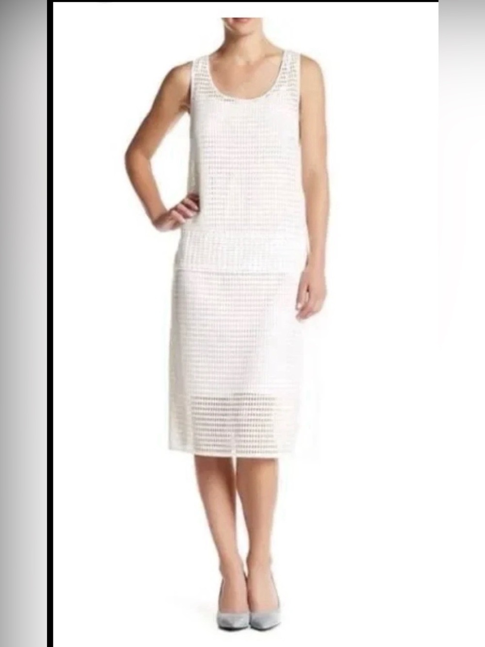 DKNY Racer Back Mesh Laser Cut Shift Dress Ruffle Side Retail $300